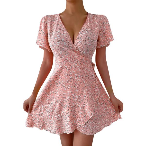 Elegant Floral Print Short Sleeve Tie Waist Ruffle Flowy Mini Dress - Image 2