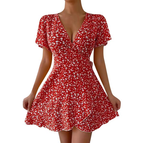 Elegant Floral Print Short Sleeve Tie Waist Ruffle Flowy Mini Dress - Image 3