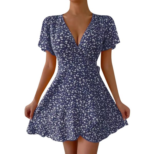 Elegant Floral Print Short Sleeve Tie Waist Ruffle Flowy Mini Dress