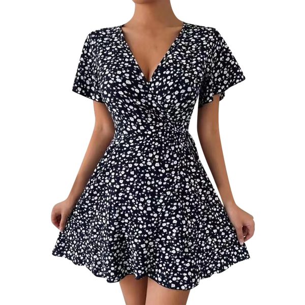 Elegant Floral Print Short Sleeve Tie Waist Ruffle Flowy Mini Dress - Image 4