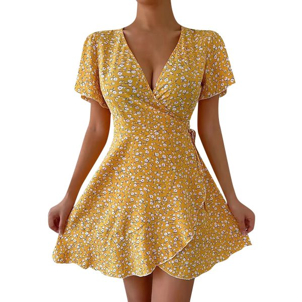 Elegant Floral Print Short Sleeve Tie Waist Ruffle Flowy Mini Dress - Image 5