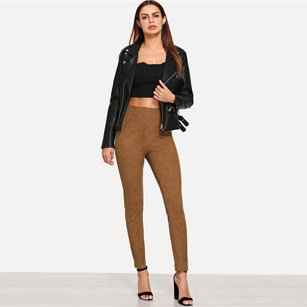 Elegant Office Lady Solid Suede Skinny Leggings - Image 3