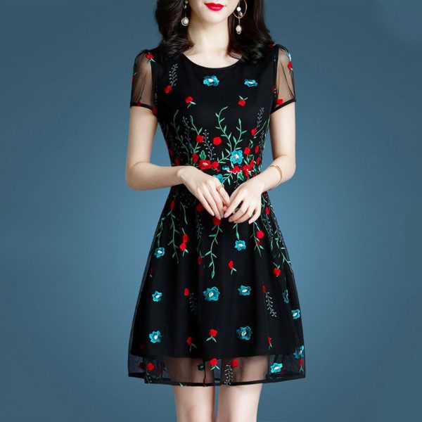 Elegant Women Embroidered Floral Dress Summer Layers Gauze Lace Sundress Vintage Fashion Black Chic Tunics Female Midi Dresses - Image 3