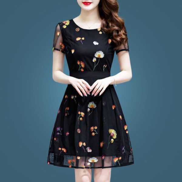 Elegant Women Embroidered Floral Dress Summer Layers Gauze Lace Sundress Vintage Fashion Black Chic Tunics Female Midi Dresses - Image 4