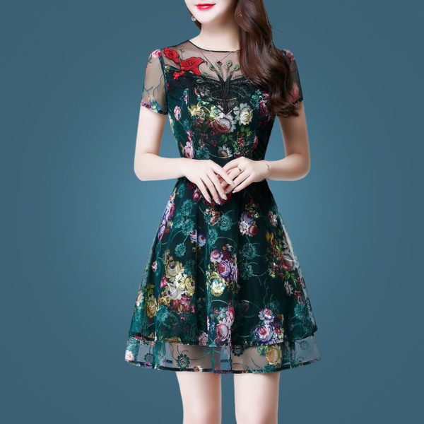 Elegant Women Embroidered Floral Dress Summer Layers Gauze Lace Sundress Vintage Fashion Black Chic Tunics Female Midi Dresses - Image 5