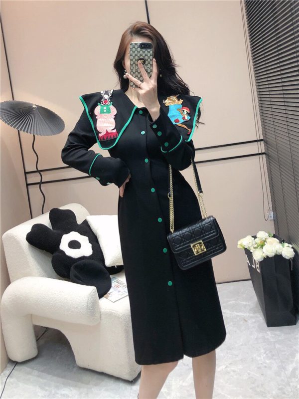 Fashion Black/Gray Long-sleeved Slim Shirt Dress For Women Casual Cute Rabbit Embroidered Cape Shawl Dress - Image 2