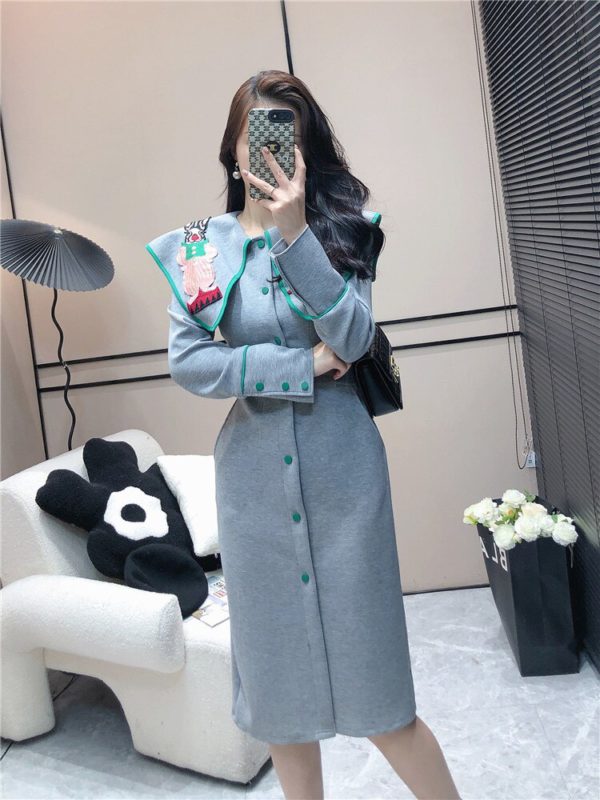 Fashion Black/Gray Long-sleeved Slim Shirt Dress For Women Casual Cute Rabbit Embroidered Cape Shawl Dress