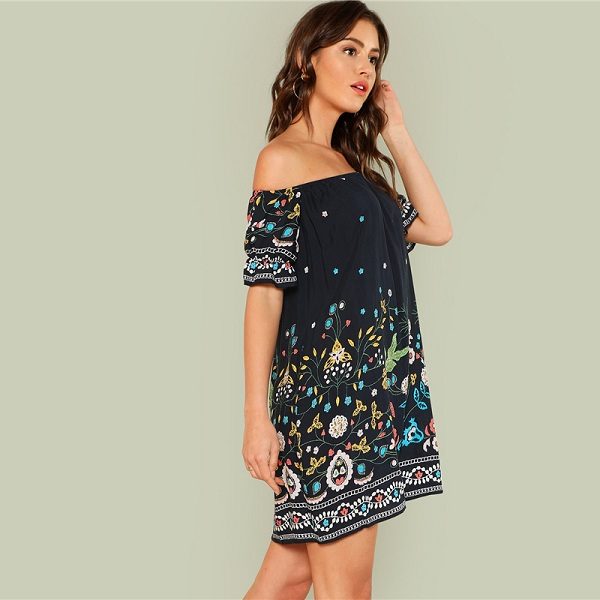 Floral Boho Off the Shoulder  Tribal Print Bardot Half Sleeve Ruffle Dress - Image 3