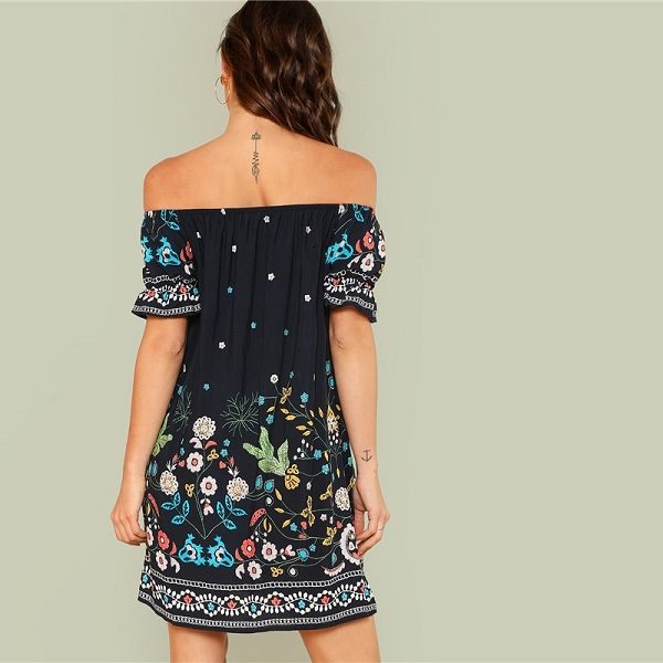 Floral Boho Off the Shoulder  Tribal Print Bardot Half Sleeve Ruffle Dress - Image 5