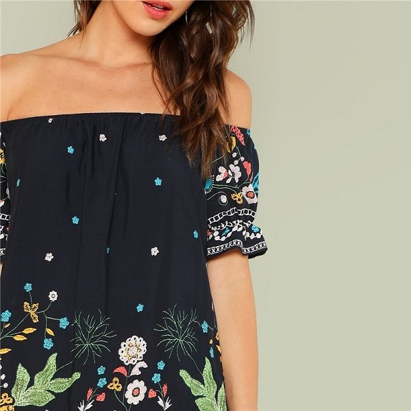 Floral Boho Off the Shoulder  Tribal Print Bardot Half Sleeve Ruffle Dress - Image 4