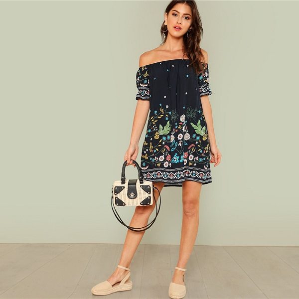 Floral Boho Off the Shoulder  Tribal Print Bardot Half Sleeve Ruffle Dress