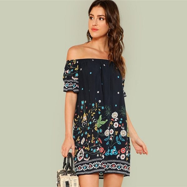 Floral Boho Off the Shoulder  Tribal Print Bardot Half Sleeve Ruffle Dress - Image 2