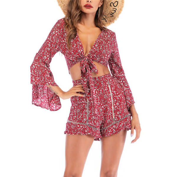 Floral Chiffon Beach Clothing Knotted Cardigan Elastic Shorts - Image 3