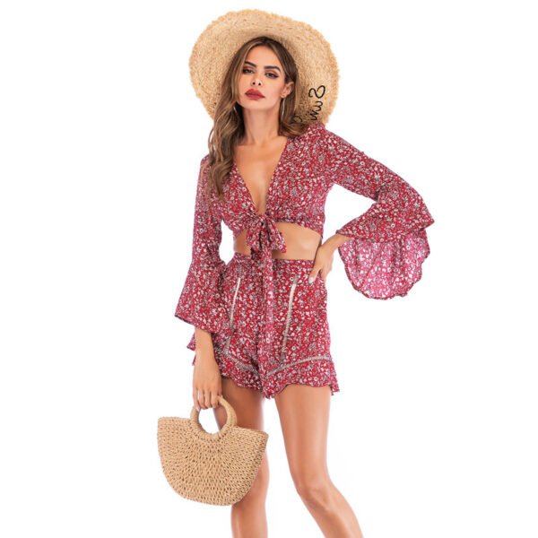 Floral Chiffon Beach Clothing Knotted Cardigan Elastic Shorts - Image 4