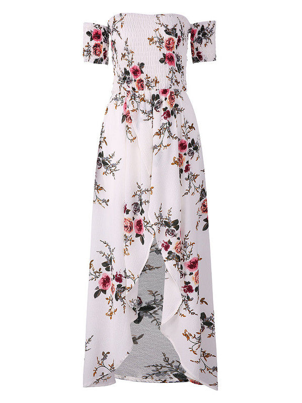 Floral Print Off-shoulder Slit Hem Short Sleeve Maxi Dresses