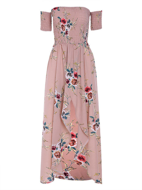 Floral Print Off-shoulder Slit Hem Short Sleeve Maxi Dresses - Image 3