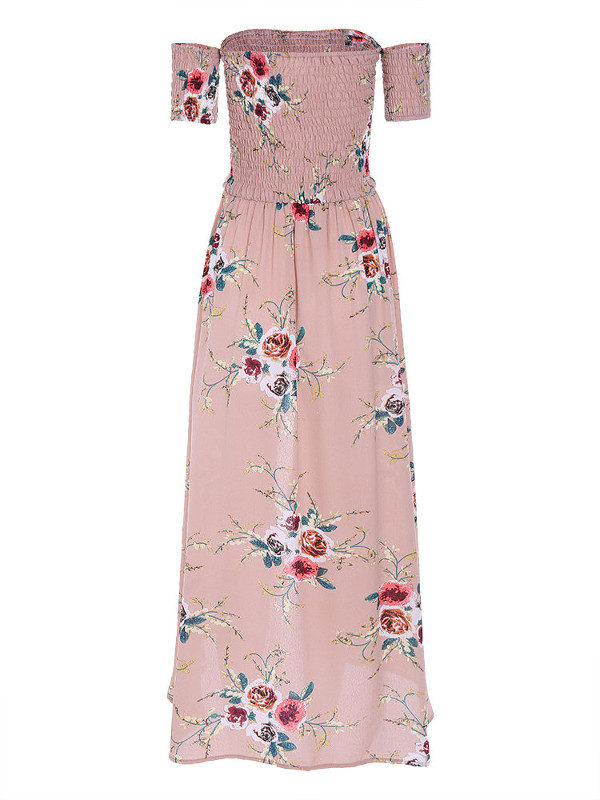 Floral Print Off-shoulder Slit Hem Short Sleeve Maxi Dresses - Image 4