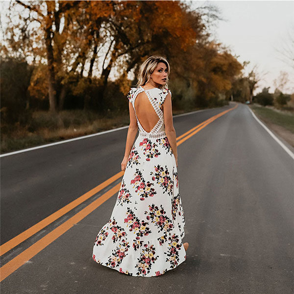 Sleeveless Irregular Hem Backless Floral Print long Dress