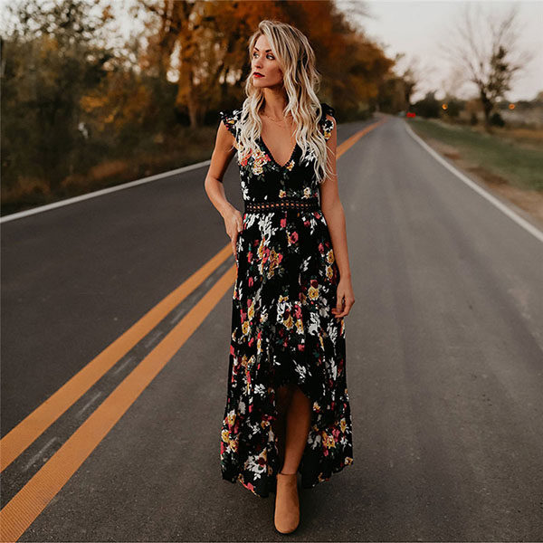 Sleeveless Irregular Hem Backless Floral Print long Dress - Image 2