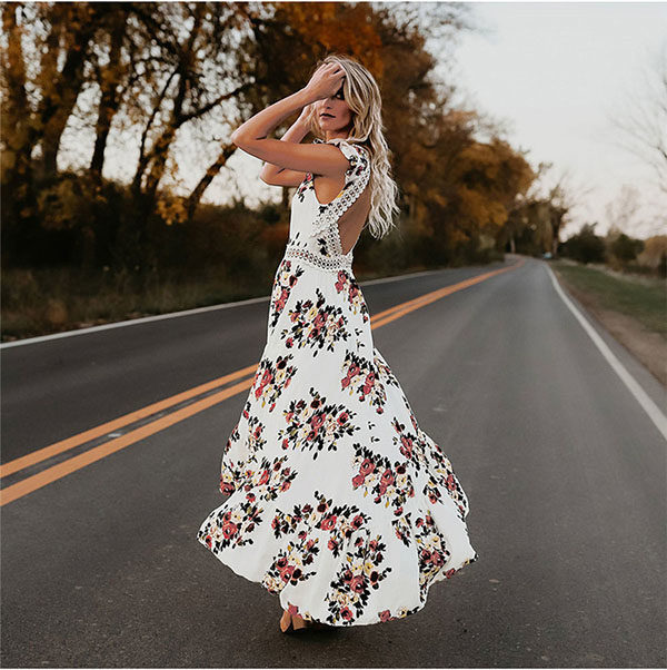 Sleeveless Irregular Hem Backless Floral Print long Dress - Image 4