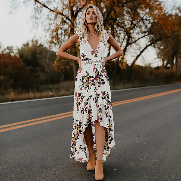 Sleeveless Irregular Hem Backless Floral Print long Dress - Image 5