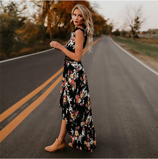 Sleeveless Irregular Hem Backless Floral Print long Dress - Image 6