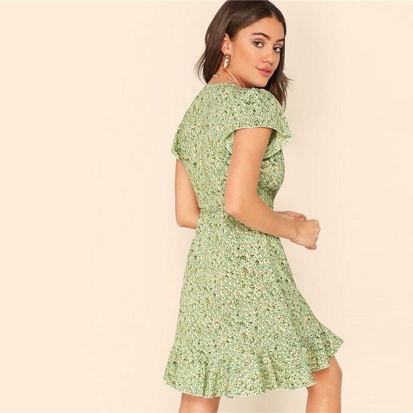 Fresh Daisy Print Ruffle Trim Surplice Mini Dresses - Image 4