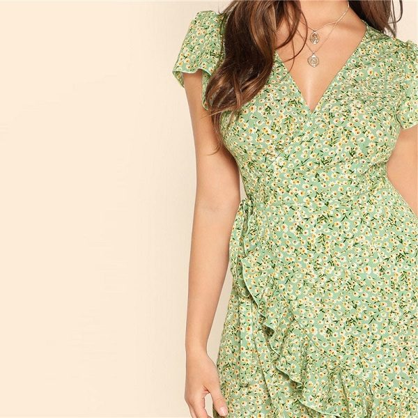 Fresh Daisy Print Ruffle Trim Surplice Mini Dresses - Image 5