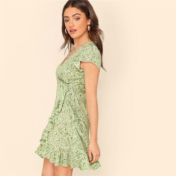 Fresh Daisy Print Ruffle Trim Surplice Mini Dresses - Image 3