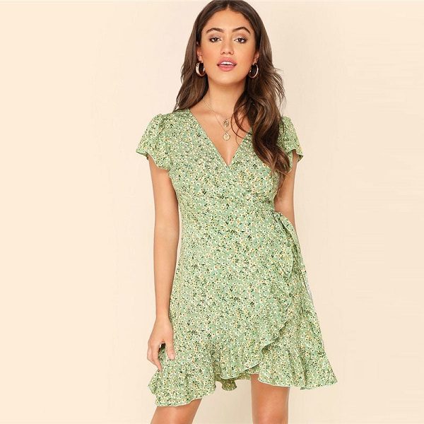 Fresh Daisy Print Ruffle Trim Surplice Mini Dresses