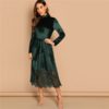 Green Waist Belted Mock-Neck Velvet Dress - Image 2