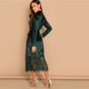 Green Waist Belted Mock-Neck Velvet Dress - Image 3