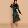 Green Waist Belted Mock-Neck Velvet Dress - Image 4