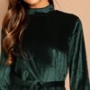 Green Waist Belted Mock-Neck Velvet Dress - Image 5