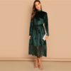 Green Waist Belted Mock-Neck Velvet Dress