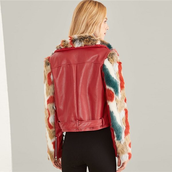 Burgundy Zip Front Belted Soft Faux Fur Contrast Jacket - Image 2