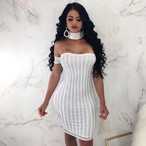 High Quality Women Sexy Off Shoulder Mesh With Bandage Dress