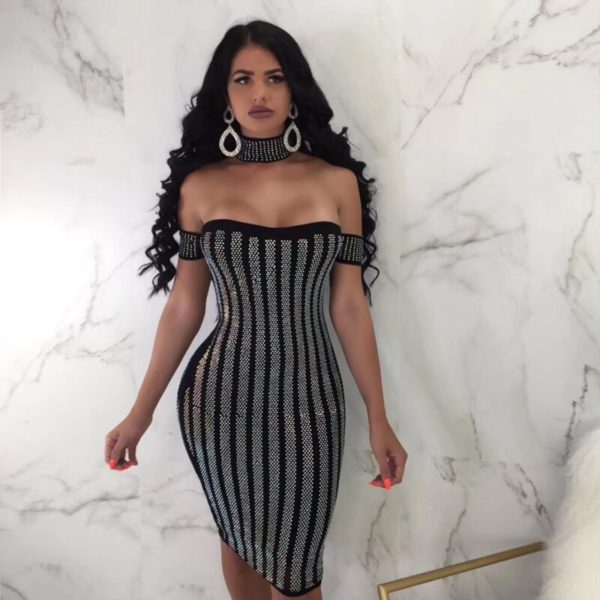 High Quality Women Sexy Off Shoulder Mesh With Bandage Dress - Image 4
