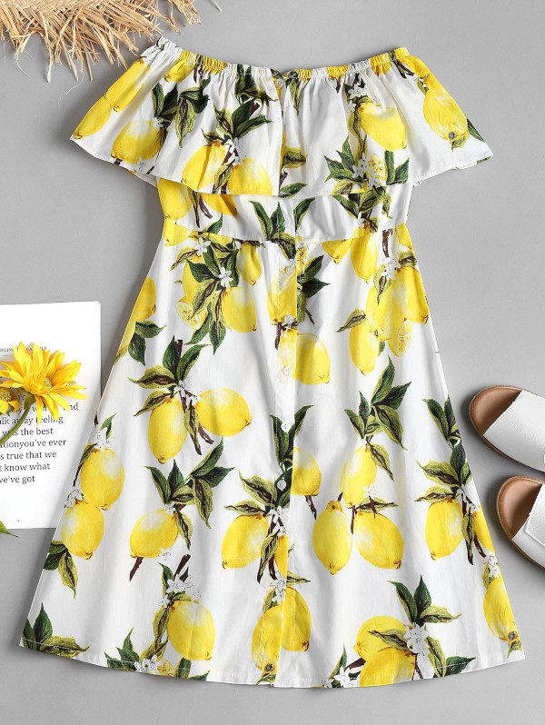Lemon Ruffle Off The Shoulder Midi Dress