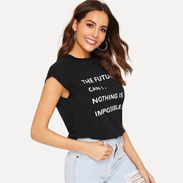 Printing Letter Slogan  Comfortable Streetwear Sleeveless Around The Neck Tshirt - Image 3