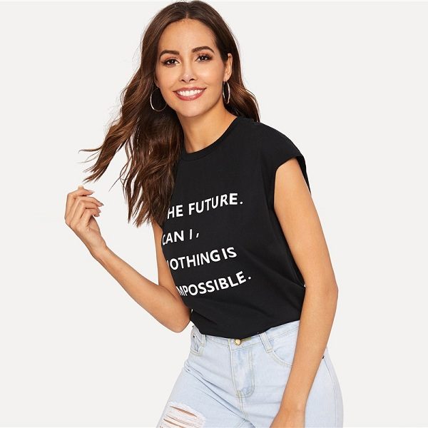 Printing Letter Slogan  Comfortable Streetwear Sleeveless Around The Neck Tshirt - Image 2