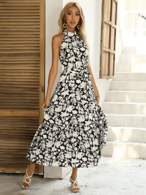 Long Dress Hanging Neck Floral Printed Sleeveless Split Maxi Dress Sexy Loose Long Dresses For Women