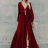 Long Sleeve Maxi Dress V Neck Tie Waist Split Party Dress