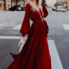Long Sleeve Maxi Dress V Neck Tie Waist Split Party Dress - Image 2