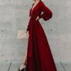 Long Sleeve Maxi Dress V Neck Tie Waist Split Party Dress - Image 3