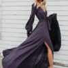 Long Sleeve Maxi Dress V Neck Tie Waist Split Party Dress - Image 6