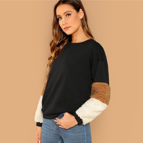 Long Sleeve Round Neck Sweatshirt Women Autumn Colorblock Sweatshirts - Image 2