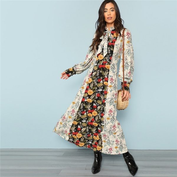 Multi color Party Mock Neck Lantern Sleeve Cut And Sew Floral Natural Waist Maxi Dress New Autumn High street Women Dress - Image 4