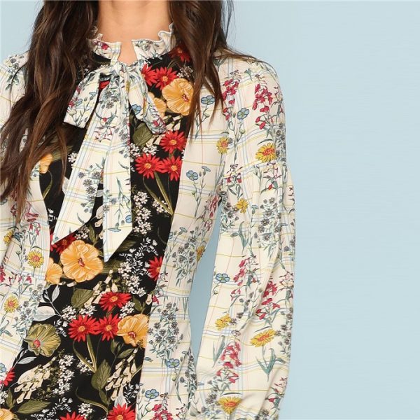 Multi color Party Mock Neck Lantern Sleeve Cut And Sew Floral Natural Waist Maxi Dress New Autumn High street Women Dress - Image 6