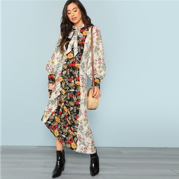 Multi color Party Mock Neck Lantern Sleeve Cut And Sew Floral Natural Waist Maxi Dress New Autumn High street Women Dress - Image 7